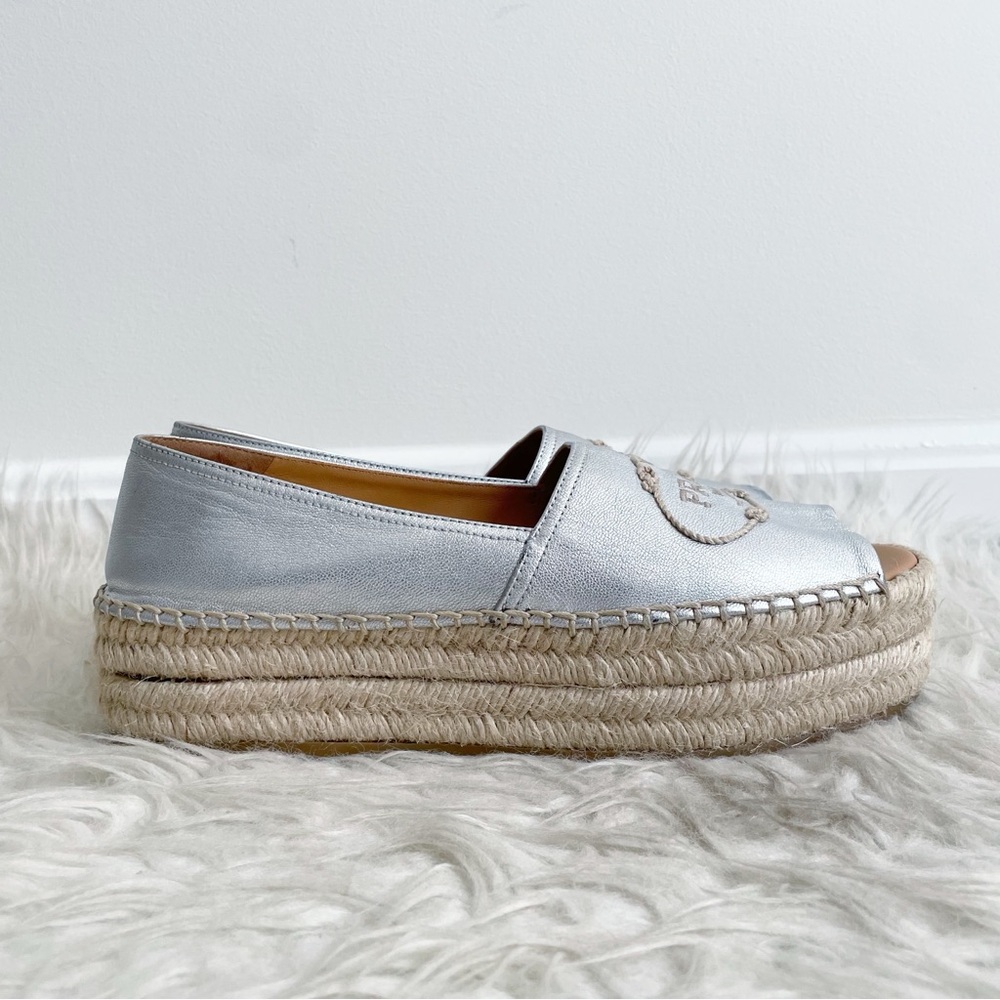 Prada Platform Open Toe Espadrille Silver Leather… - image 9